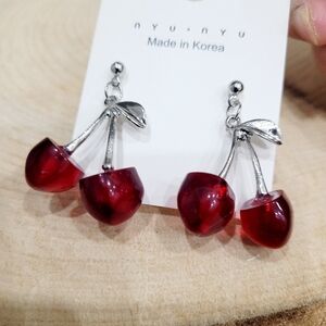 Brand New Silver Tone Red Cheery Earrings